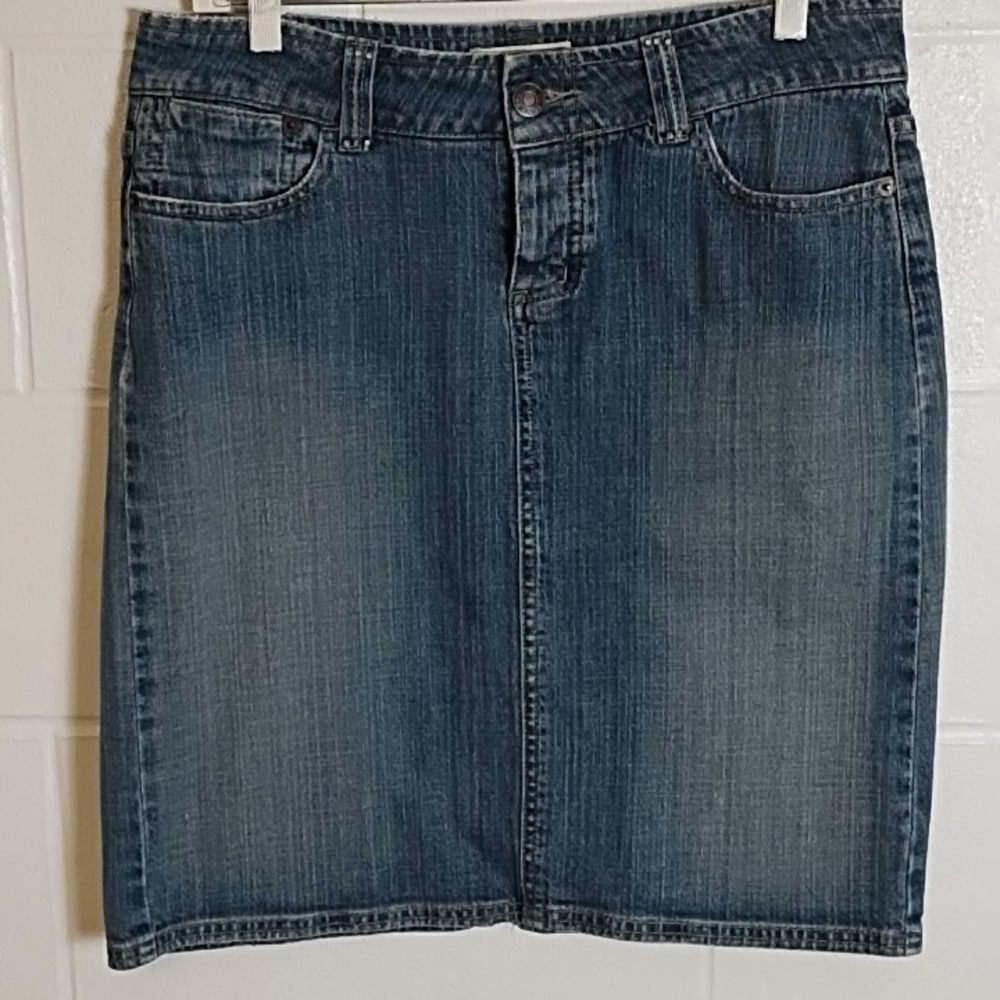 Vintage Y2K Stretch Denim Button Front Back Slit Skirt with a Touch of Bling 7/8